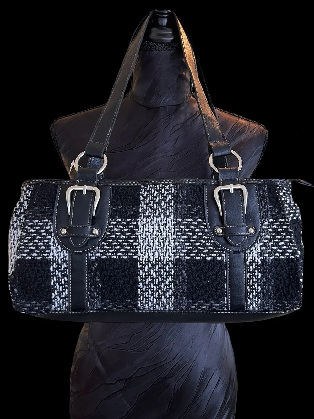Quiet Luxury - Black & White Plaid - Tweed Texture - Bag with Silver Hardware